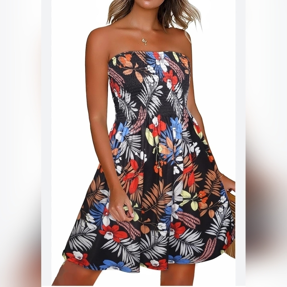 Women's Summer Dress Casual Beachwear Sundress Strapless Coverup Black Multi